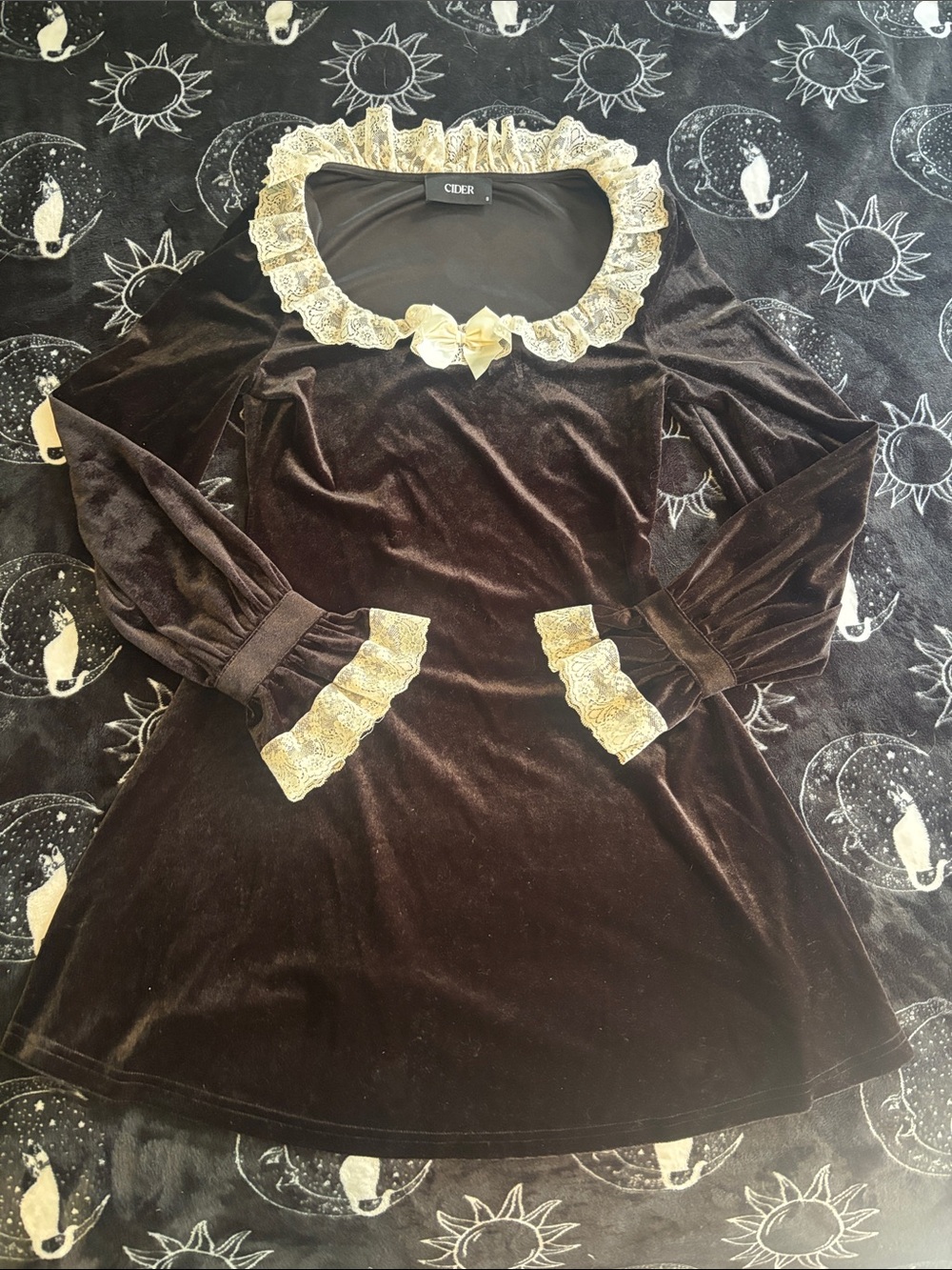 Cider Black Velvet Long-Sleeve Mini Dress with Cream Lace Trim